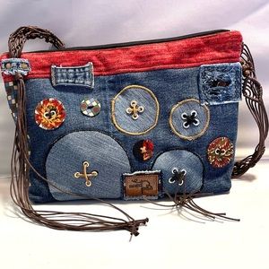 Denim  botton patchwork shoulder bag upcycled jeans boho bag